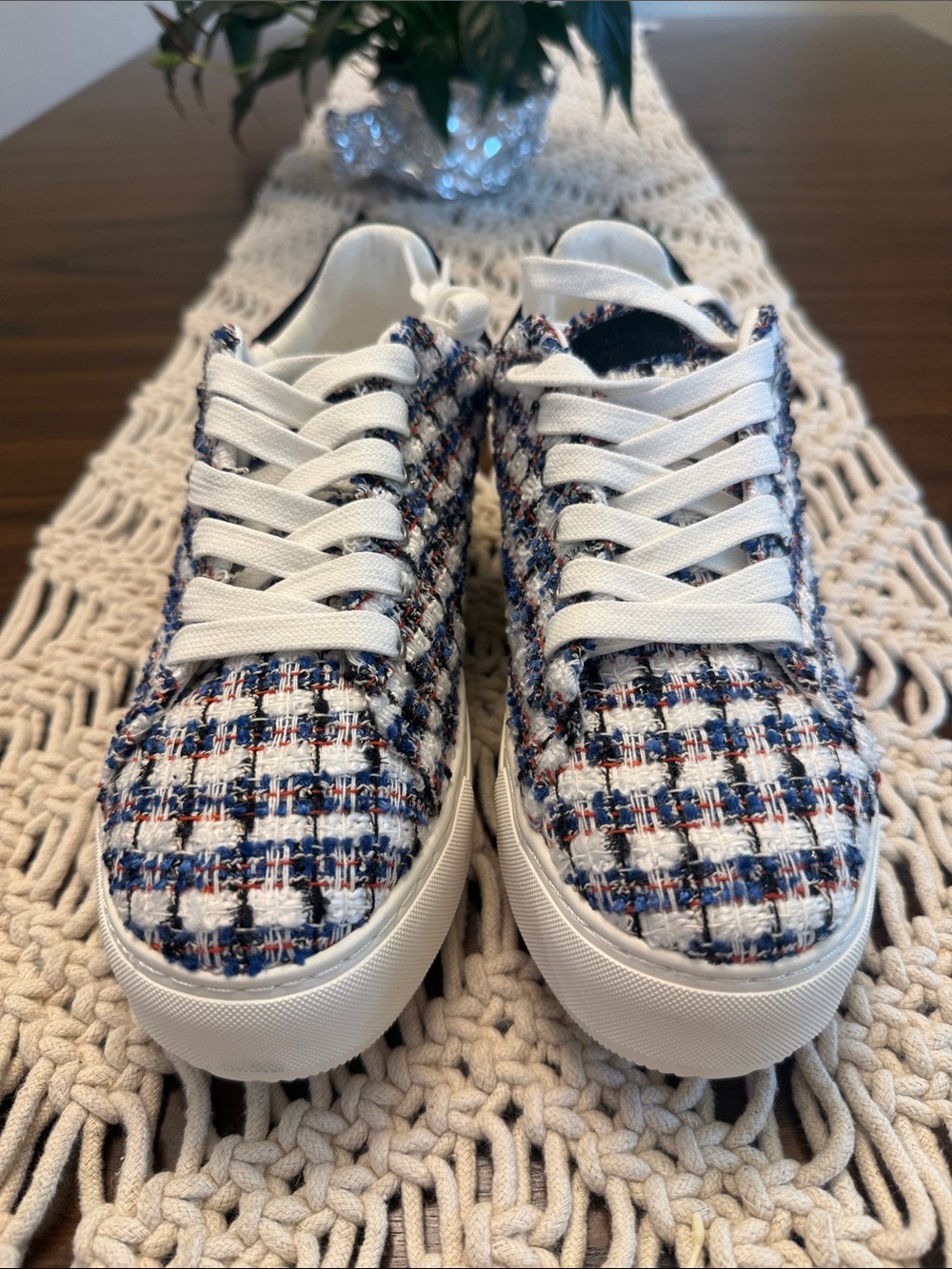 Kurt Geiger White, Navy & Red Tweed Lace-Up Sneakers